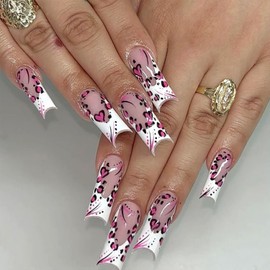 24Pcs Valentines Press on Nails Long Coffin French Tip Fake Nails with White Glossy Designs Pink Heart Full Cover Artificial Glue on Nails Nude Stick on Nails Valentine's Day Nail Supplies for Women