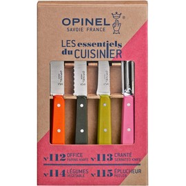 Opinel Les Essentials - Small Kitchen 4 Piece Knife Set - Paring Knife, Serrated Knife, Peeler, Vegetable Knife, Corrosion Resistant High Carbon Steel, Made in France (Primo)