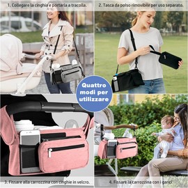 HINATAA Buggy Pram Organiser, Baby Pram Bag with 2 Drink Holders, Buggy Organiser Children's Trolley with Shoulder Strap & 2 x Secure Hooks, Pushchair Accessories with Zip Pocket (Pink)