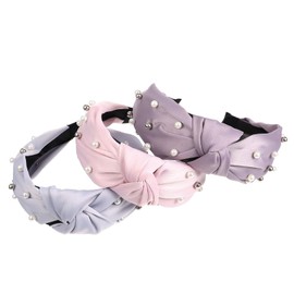 FRCOLOR 3pcs Pearl Knotted Headbands Set for Women Fashion Hair Accessories Pearl Blue and Khaki Elegant Hair Wraps for Daily Wear and Special Occasions