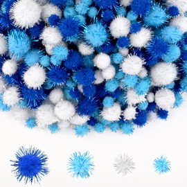 NACHLYNN 1000 Glitter Pompoms for Crafts Bulk 4 Sizes Colourful Soft Fluffy Pompoms Pompoms for Crafts Dly Decoration Activities with Storage Bag (Blue Series)