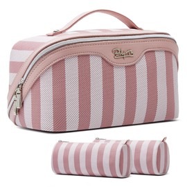 BOYATU Travel Makeup Bag for Women: Large Cosmetic Bag Set of 3 - Vegan Leather Make up Bag with Compartments - Compact Waterproof Toiletry Bag with Divider & Handle (01Pink)