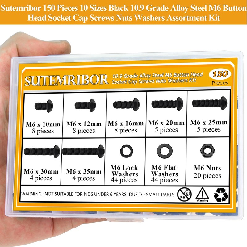 150 Pieces M6 Screws Nuts Washers Set Black, Sutemribor M6