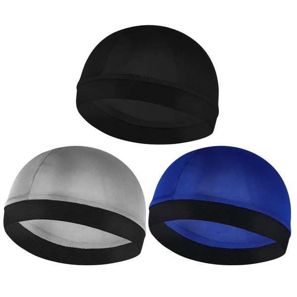 Sibba Pack of 3 Elastic Band Wave Caps for Men Head Wrap Wide Strap Silky Feel Durag Caps Unisex Damage Caps Beanies Soft Breathable Shower Cap Bath Accessories (Black/Silver/Blue)