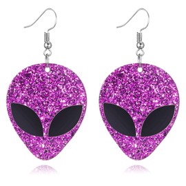 MALOYANVE UFO Aliens Earrings for Women Weird Flying Spaceship Acrylic Lightweight Statemment Dangle Drop Earrings Glitter Universe Life Animals Birthday Party Jewelry Gifts (Alien Rose Gold)