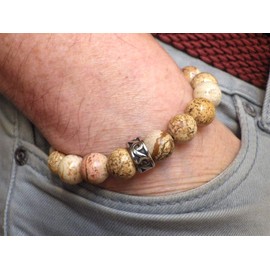 Braunes Herrenarmband mit Zentralperle aus Edelstahl und Jaspis-Perlen