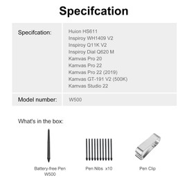 W500 Battery-free Stylus Pen 8192 Pressure Levels with 2 Customize Keys Compatible with Huion HS611/ Inspiroy WH1409 V2/ Inspiroy Q11K V2/ Inspiroy Dial Q620M/ Kamvas Pro 20/ Kamvas Pro 22/ Kamvas Pro 22 (2019)/ Kamvas GT-191 V2 (500K)/ Kamvas Studio 22-