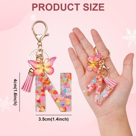 OSDUE Fashion Alphabet Initial Letter Keychain, Women Tassel Butterfly Pink Purple Cute Car Keyrin, Pink and Gold Resin Alphabet Keychain, Tassel Butterfly Pendant Key Ring for Wallet (J)