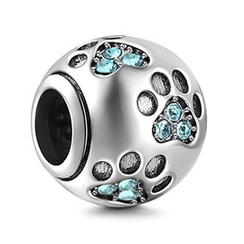 Dog Paw Print Charms 925 Sterling Silver Animal Birthstone Crystal Charms for 3mm Snake Chain Bracelets (Light Blue)