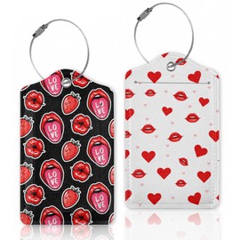 Sexy Red Lips Luggage Tags Bag Tag with Privacy Cover Name Id Card Stainless Steel Loop Suitcase Labels Pu Leather Baggage Tags for Travel,2 Pcs