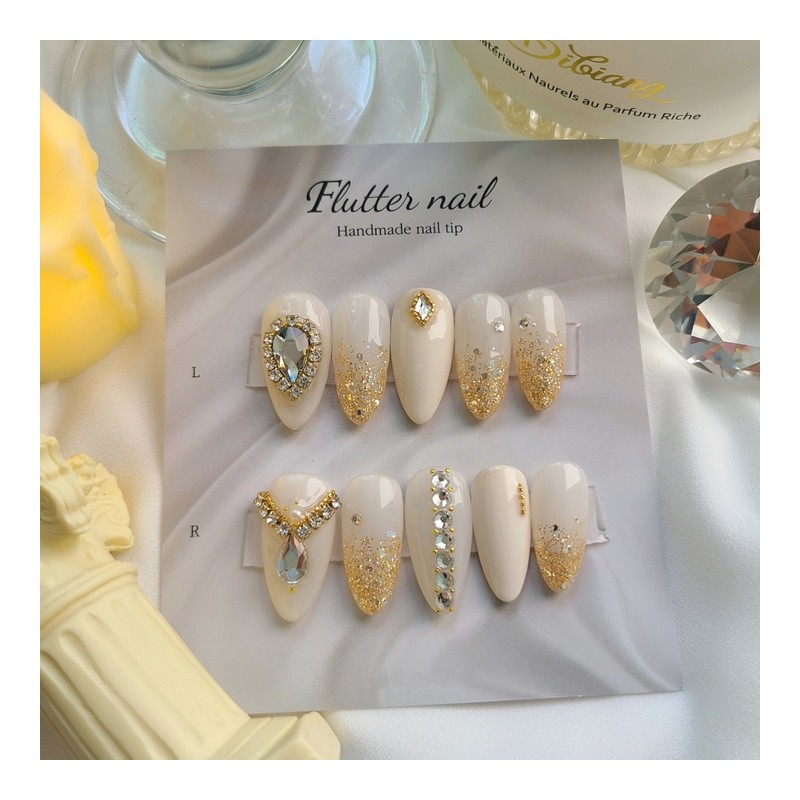 Gold Glitter Gras Handmade Nail Tips✨️ - Almond / 골드
