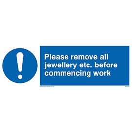 Viking Signs MH200-L15-V"Please Remove All Jewellery Etc. Before Commencing Work" Sign, Vinyl, 50 mm H x 150 mm W