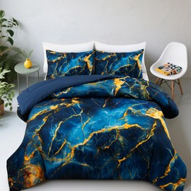 Holawakaka Dark Blue Gold Marble Bedding Comforter Set Queen Size Marbled Bed Sets (Dark Blue Gold, Queen)
