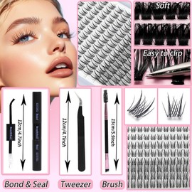 Lash Clusters Kit, Eyelash Clusters Individual Lash Extension Kit D Curl Fluffy Wispy False Eyelashes Extensions Thin Band with Bond Seal Tweezers Brush (Lash Clusters With Tool, SMY 8-16mm)
