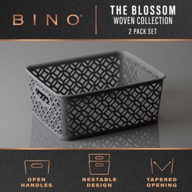 BINO l Plastic Storage Baskets, Medium - Grey | THE BLOSSOM COLLECTION l Multi-Use Organizer Bin l Built-in Handles l Plastic Woven Basket for Organizing l Pantry & Home Organizing Basket