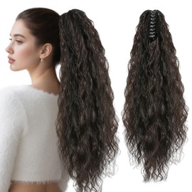 Qwrqwr Claw Clip Ponytail Extension for Women 50 cm Long Curly Wavy Synthetic Hairpiece (Dark Brown)
