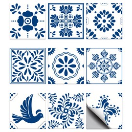 CHGCRAFT 36pcs 9 Styles Mexican Ceramics Blue Tile Stickers Waterproof Tile Stickers Square with Flower Pattern for Kitchen Bathroom Bedroom Wall Floor Decoration, Dodger Blue, 3.9×3.9inch