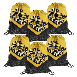 6 Pcs Cheer Drawstring Backpack Cheerleading Drawstring Gym Bags Cheerleader Gifts for Cheerleaders (Black&Gold)