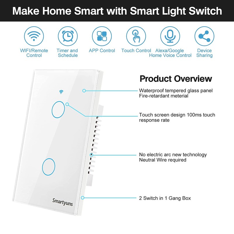 Smartyuns WiFi Smart Wall Light Switch - White, Tempered Glass