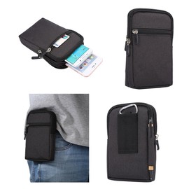 DFV mobile - Universal Multi-Functional Vertical Stripes Pouch Bag Case Zipper Closing Carabiner for Highscreen Boost - Black (17 x 10.5 cm)