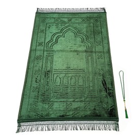 Muslim Prayer Rug with Prayer Beads, Portable Prayer Mat, Traditional Design Soft Fabric Muslim Thick Prayer Rugs, Luxury Prayer Rug Islam for Women Men, Ramadan or Eid Prayer Carpet Green