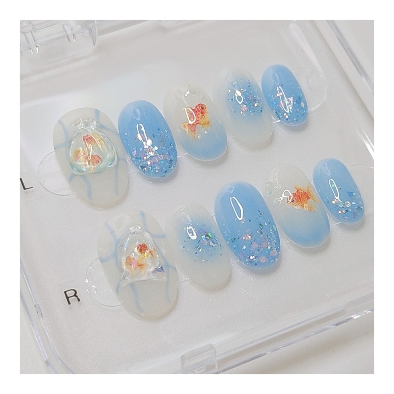 Crisp Goldfish Handmade Nail Tips - Short Oval / 뽀짝
