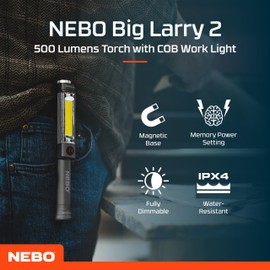 NEBO Big Larry 2-500 Lumen Torch with COB Work Light - Pocket Clip Magnetic Base for Hands-Free Lighting - Portable COB LED Dimmable Flashlight - Hazard Light-Red (Steel Grey)