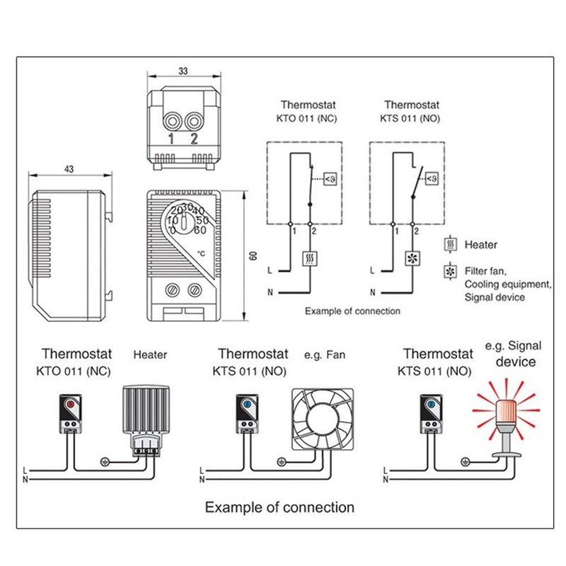 Temperature Controller, KTS011 0-60℃ Adjustable Compact Electric Mechanical Thermostat Switch,