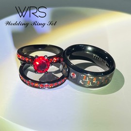 Two Rings His Hers Wedding Ring Sets Couples Matching Rings Women's 2pc Black Gold Filled Red CZ Wedding Engagement Ring Bridal Sets Men's Stainless steel Wedding Band
