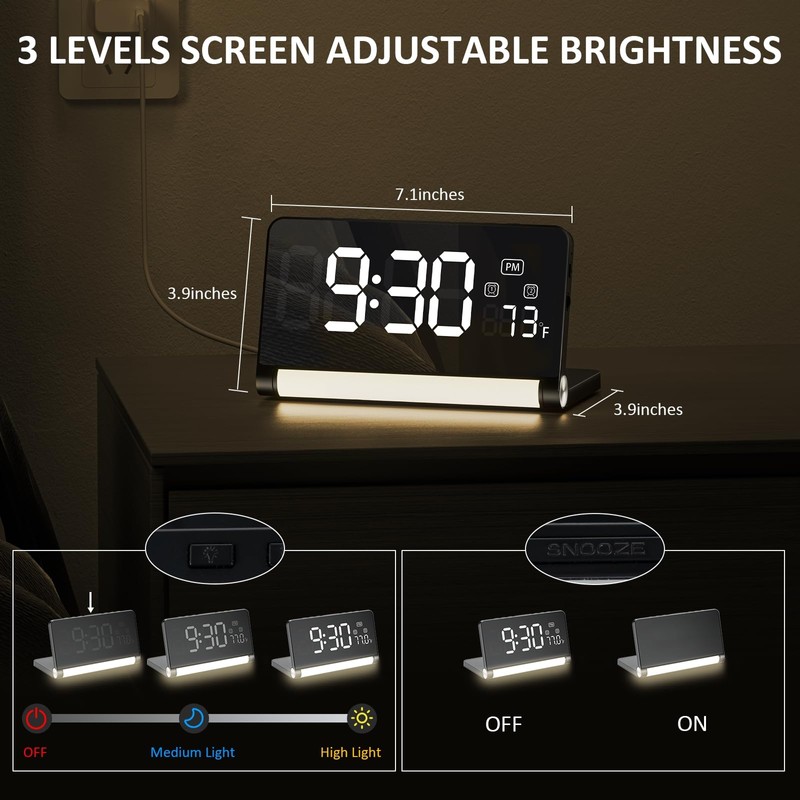 SURPN Digital Alarm Clock for Bedroom, 3-Colour Night Light, Large
