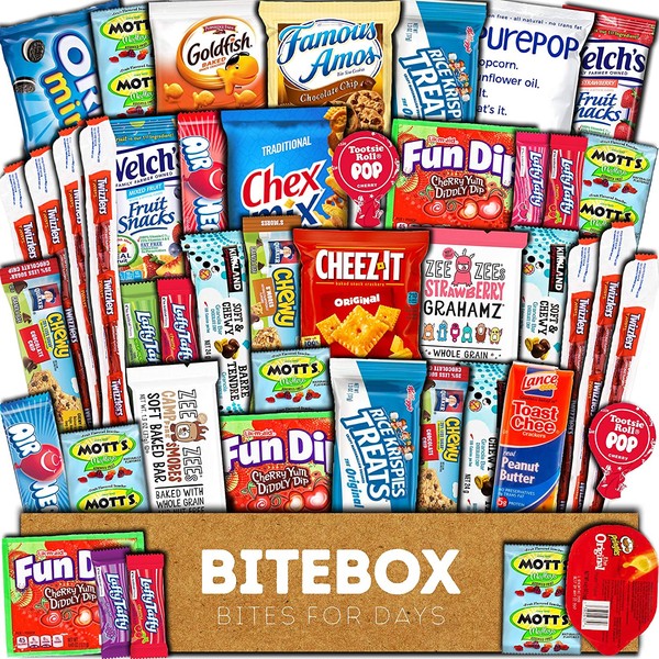 BiteBox Care Package (45 Count) Snacks Food Cookies Granola Bar Chips Candy Ultimate Variety Gift Box Pack Assortment Basket Bundle Mix Bulk Sampler Treats College Students Office Staff Back to School