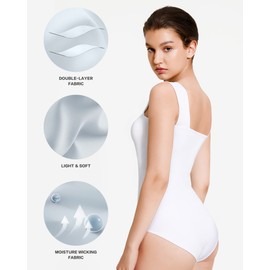 ALGALAROUND Bodysuits for Women Square Neck Double Lined Tank Top Sleeveless Backless Bodysuit Tops White L