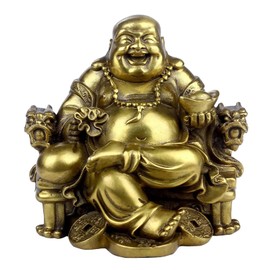 STCREE Chinese Feng Shui Brass Statue Sitting Laughing Buddha Statue Large Belly Buddha Sitting on Imperial Dragon Chair with Ingot Wealth Lucky Figure Home Decor 11cm (H) TQGJST24