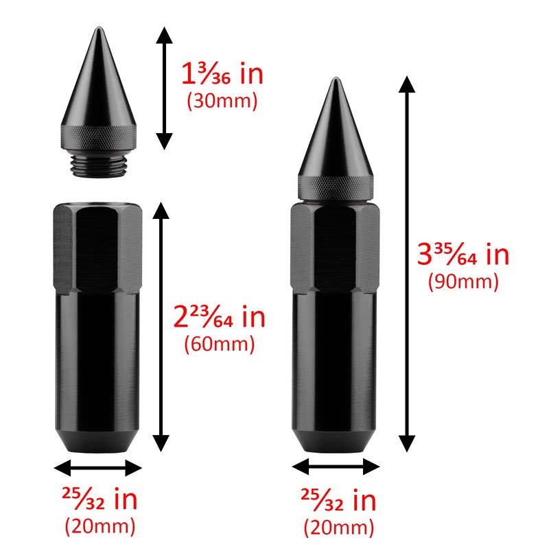 Black 20 PCS M12x1.25 Lug Nuts Spiked 60mm Extended Tuner