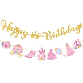 Fullhawl Pink Princess Birthday Banner for Girl Happy Birthday Princess Party Decorations Glitter Gold Pink Castle Crown Carriage Flower Diamond High Heel Mirror Paper Garland for Girl Party Supplies