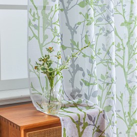 Luvyohmee Semi Sheer Curtains for Bedroom, Sage Green Curtains 63 inches Long for Living Room, Green and Grey Nature Tree Branches Patterned Linen Textured Curtains,Grommet Top (Set of 2 Panels)