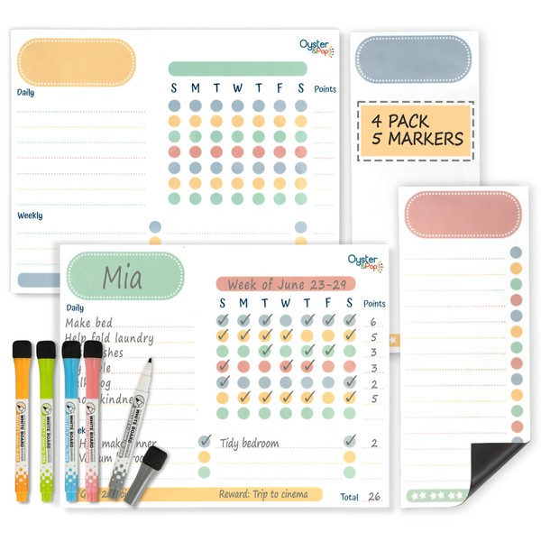 Magnetic 4pcs Chart Set for Fridge - Pastel Chore Charts for Multiple Kids - To-Do List & Blank Memo Sheet - 5 Fine Tip Markers - Dry Erase Refrigerator White Boards - Organise the Family