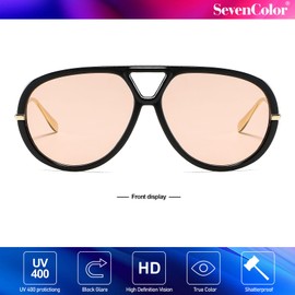 SevenColor Trendy Oversized Aviator Sunglasses for Women Men Retro Big Round Shield Sun Glasses Vintage Shades (Black/Champagne)