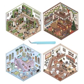 DIY 3D House Stickers, 4 Sets 3D Sticker Scenes, 3D Stickers Scene Make Your Own Mini Room Scenes Supermarket Coffee Shop Restaurant Bookstore for Adult Relief Stress Pass The Time