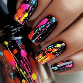 Black Press on Nails Medium Length Fake Nails Coffin Acrylic Nails Glossy False Nails with Colorful Ink Designs Full Cover Glue on Nails Reusable Artificial Nails for Women Girls 24PCS