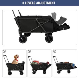 REDCAMP Folding Utility Heavy Duty Wagons Carts with Extendable Rear and Canopy, 220L Adjustable Collapsible Dog Wagon Cart Foldable with Tailgate for Camping Shopping Sports Gardeing Fishing, Black