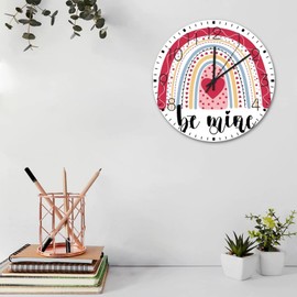 Autravelco 12 Inch Silent Non-Ticking Wall Clocks Battery Operated Be Mine Red Heart Wall Decor for Patio Cute Rainbows Valentine's Day Beautiful Round Wooden Wall Clock Vintage for Pool Restaurant