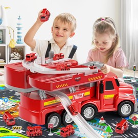 JUKUDAHU 2 in 1 Fire Trucks for Toddlers 3-5, Carrier Vehicles Toy with 8 Cars, Transport Race Tracks with Light and Sound, Educational Birthday Gifts for Kids Boys Girls Ages 3 4 5 6