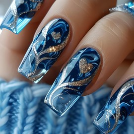 BQZQPAMZ 24Pcs Gold Glitter Curve Medium Square Press on Nails Summer Blue Gradient Fake Nails Love Heart Reusable Full Cover Acrylic Nails for Women Nail Art