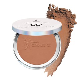 IT Cosmetics CC+ Airbrush Perfecting Powder Foundation (Deep) - Sheer to Full Coverage Pressed Powder, Blurring Pores & Dark Spots, Anti-Aging Face Makeup, Collagen & Niacinamide - 0.33 oz