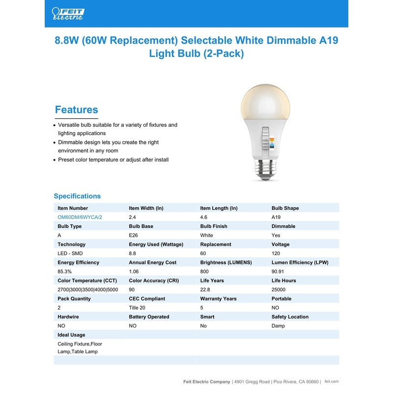 Feit Electric A19 LED Light Bulb, 60W Equivalent, Dimmable, Color