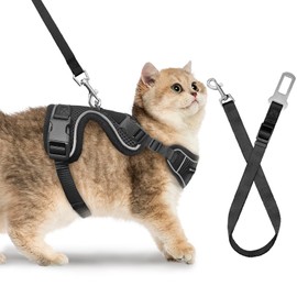 Cat Harness and Leash Set, Cat Car Harness, Soft and Breathable Vest with Reflective Strip, Anti Escape Adjustable Cat Harness, Easy to Wear for Cats Walking and Traveling, Black, M