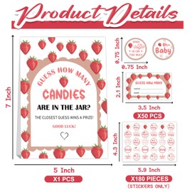 Guess How Many Candies Baby Shower Games, How Many Candies Standing Sign 50 Guessing Cards 180 Baby Shower Candies Stickers, Guess How Many Candies Strawberry Baby Showers Game Set for Birthday Party