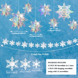 24 Pcs Snowflake Christmas Hanging Party Decor Supplies,12 PCS 3D Glittery Snowflakes & 12PCS 3D White Paper Snowflakes Hanging Garland for Christmas Winter Holiday New Year Wonderland Party Decoration