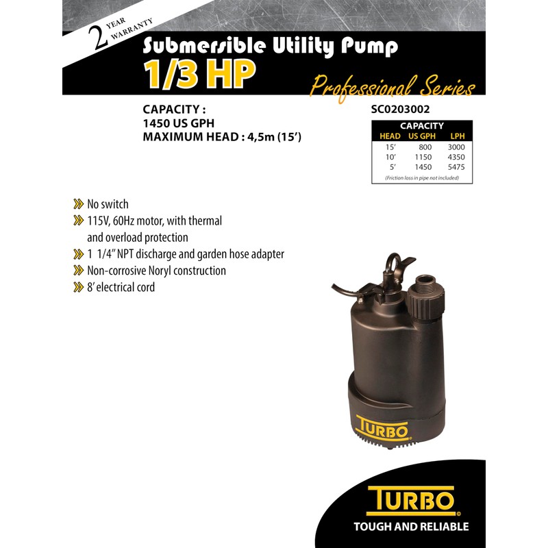 Turbo 1/3HP Submersible Utility Pump without Switch